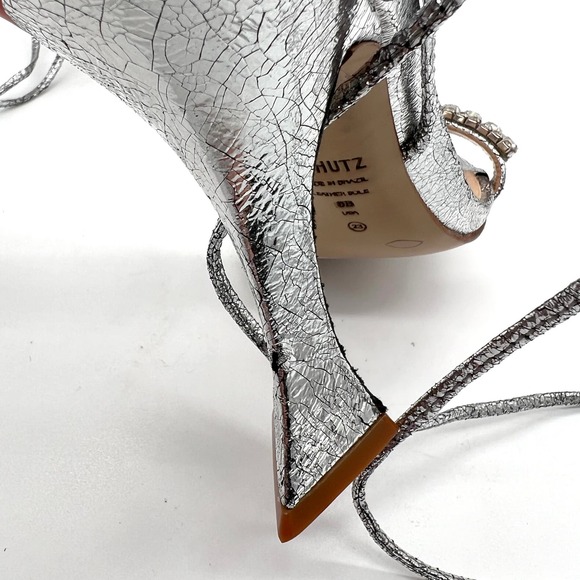 SCHUTZ Bellin Heels Womens 6 Silver Metallic Jeweled Ankle Wrap Strappy Sandal - Picture 10 of 14